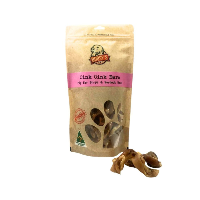 BUGSY'S Oink Oink Ears - Dehydrated Pig Ear Strips & Burdock Root Dog Nature Treats 100g