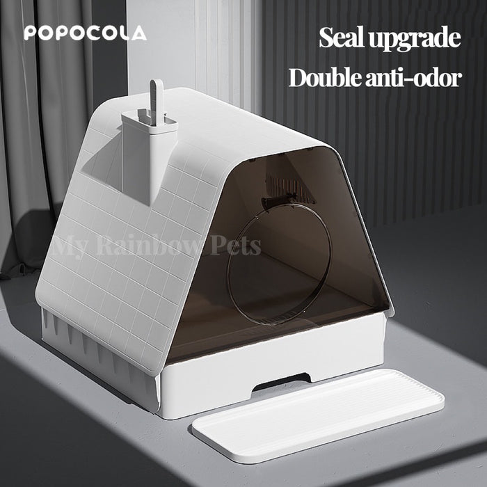 POPOCOLA | Enclosed Triangle Large Space Cat Litter Box｜Ivory white