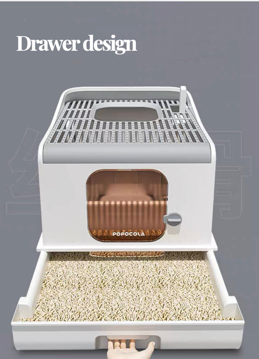 POPOCOLA | Top-Entry Enclosed Large Space Cat Litter Box｜Snow white