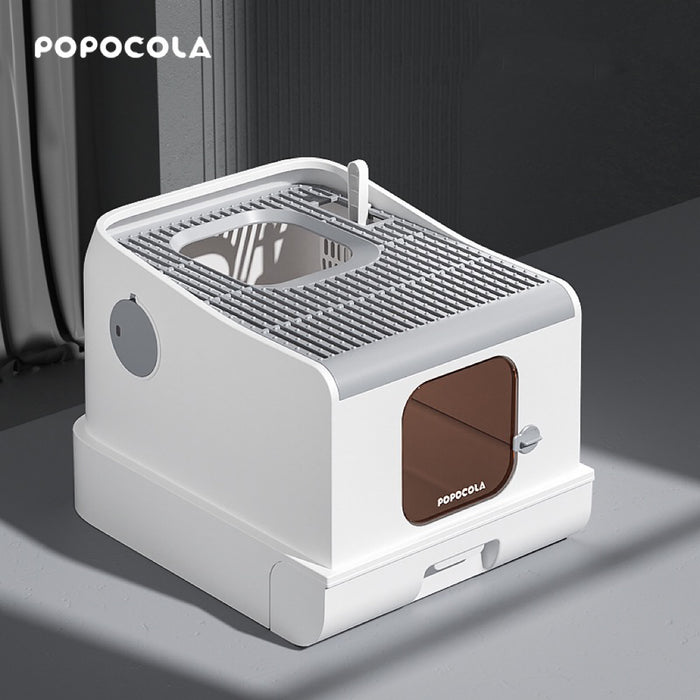POPOCOLA | Top-Entry Enclosed Large Space Cat Litter Box｜Snow white