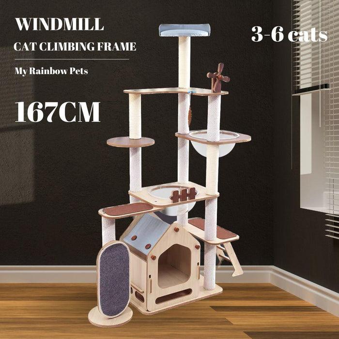 167cm Windmill Cat Tree | Comprehensive Space Capsule Wood Cat Towers