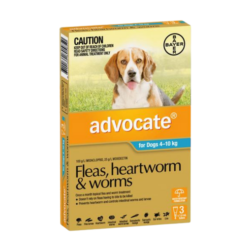 ADVOCATE FOR DOGS 4 TO 10 KG- Flea & Worm Control - 3 x 1.0ml my rainbow pet