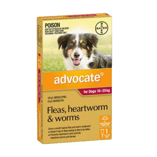ADVOCATE FOR DOGS 10 TO 25 KG -Flea & Worm Control - 1 x Tube 2.5ml my rainbow pet